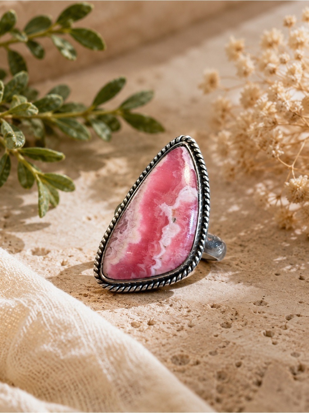 NWT Genuine Rhodochrosite Sterling Silver Statement Ring • Large Pink Gem • 8.5